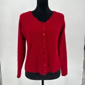 Y2K Ellen Tracy Company Red Angora Rabbit Hair Cardigan Knit Button Up Sweater S